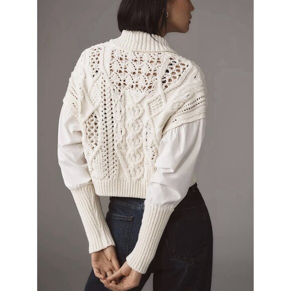 NWT Size L - Anthropologie Balloon-Sleeve Twofer Cable-Knit Cardigan Sweater - Picture 3 of 16